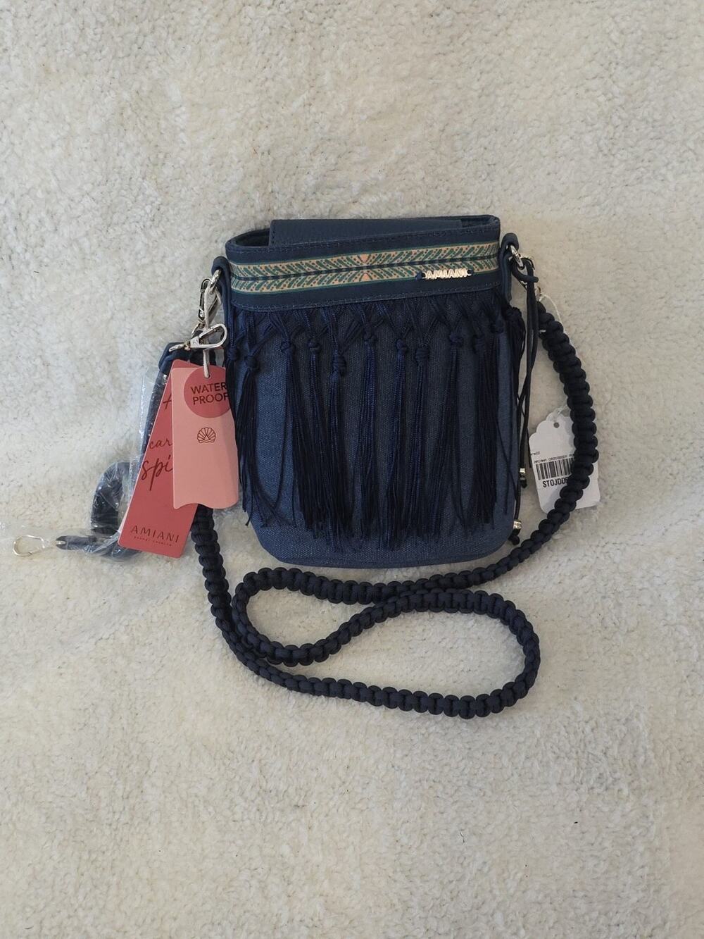 Amiani Resort Fashion Bag Boho Fringe Blue Waterproof Cotton Exterior